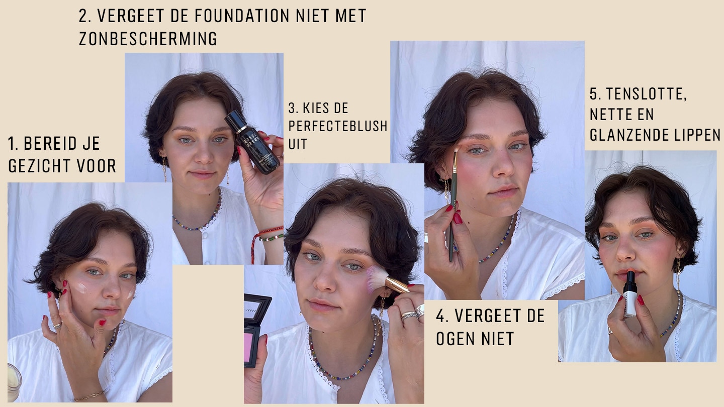 Image containing collage of bridal makeup close ups, including eye makeup, brow and lipstick application by an artist
